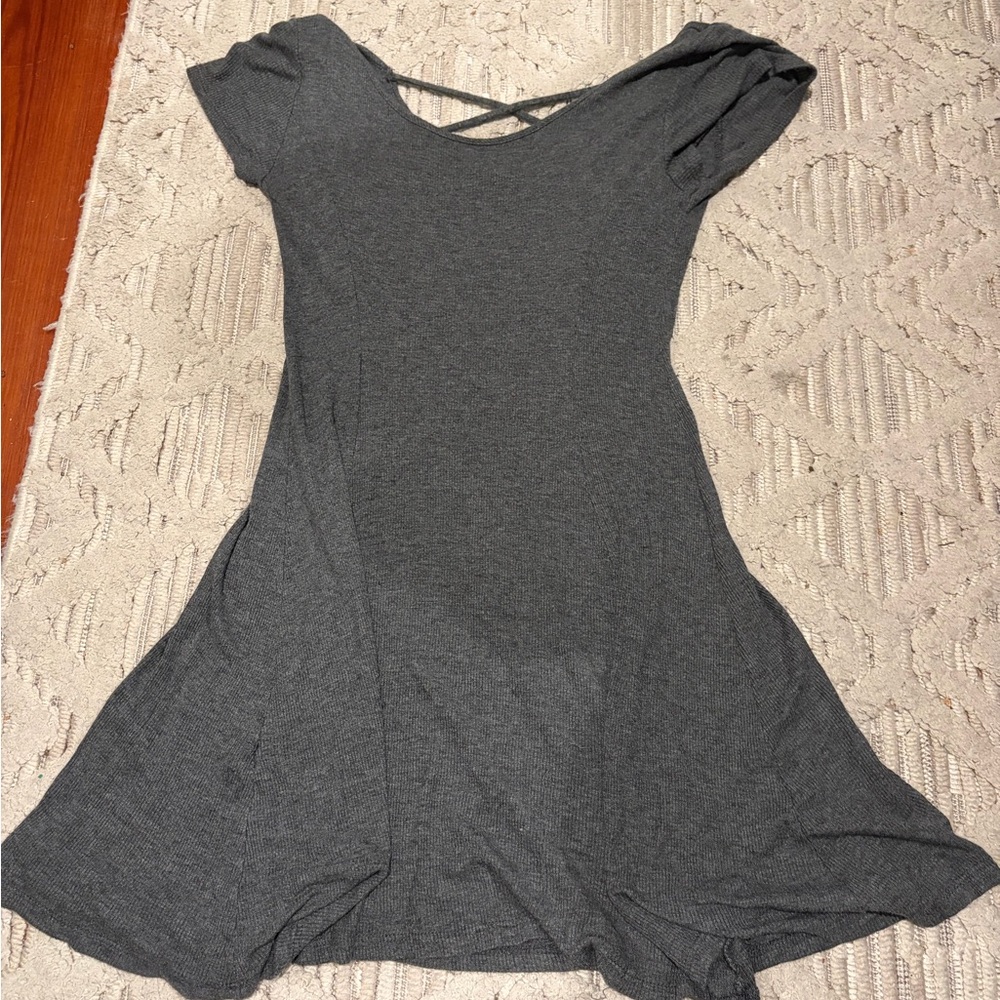 Gray Ribbed Knit Top with Lace-Up Detail